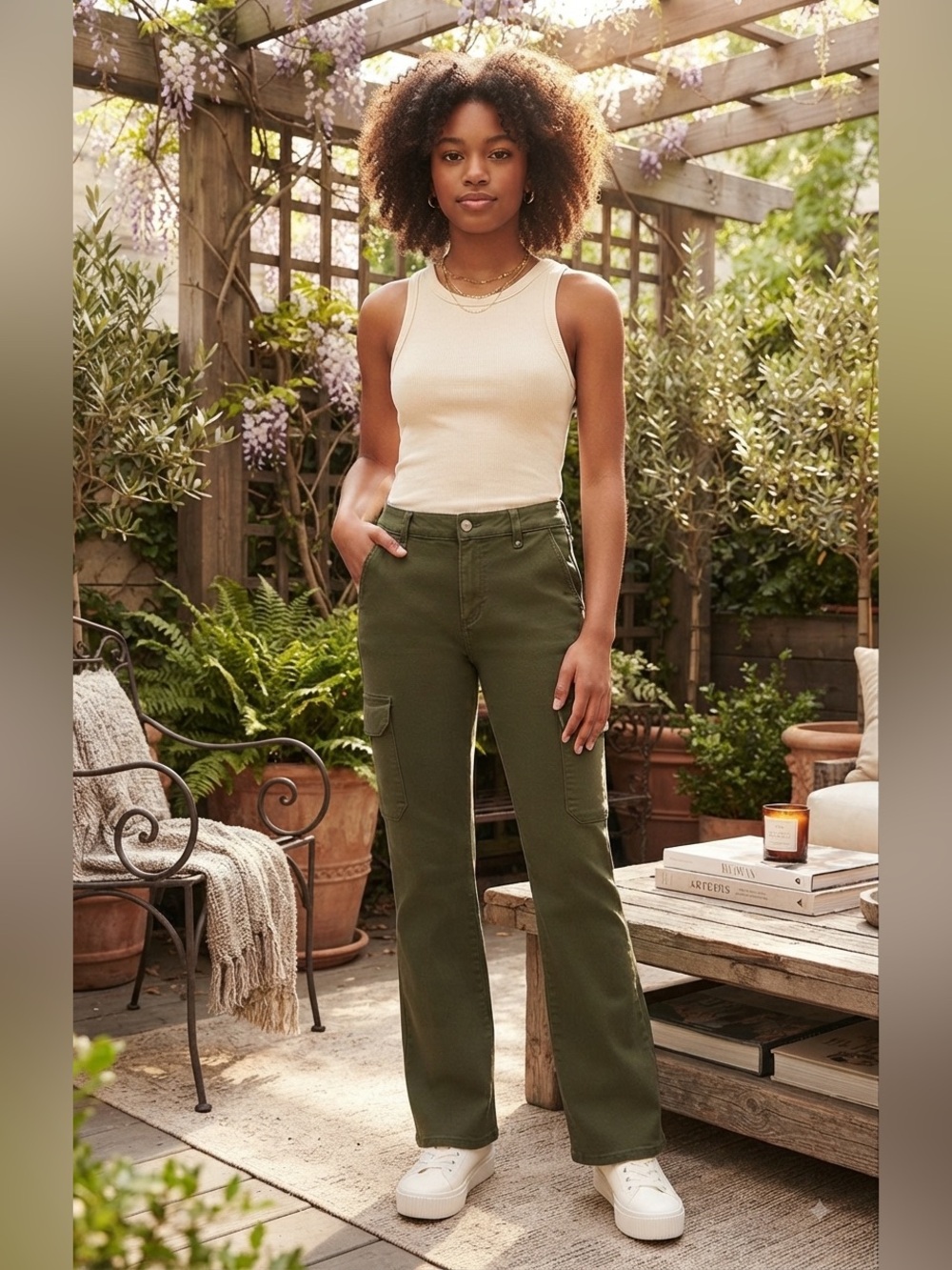 Time & Tru Flare Leg Cargo Jeans in Olive Green